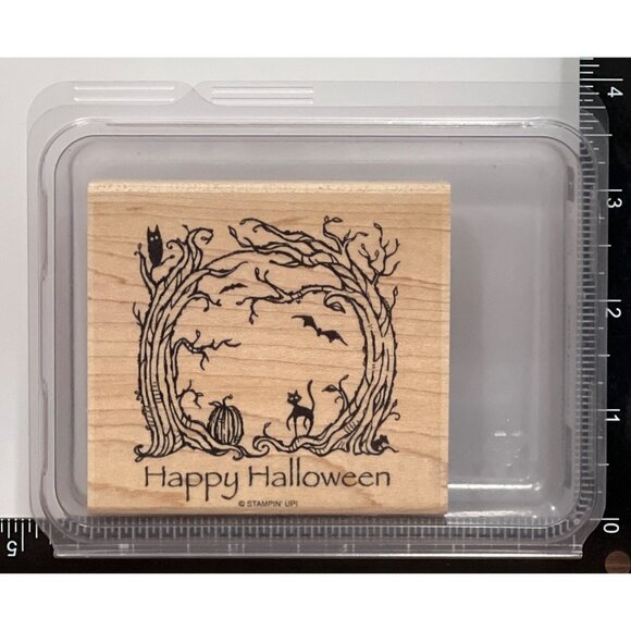 HTF Stampin Up! HAUNTED WOODS WOOD MOUNTED Rubber Stamp PUMPKIN CAT BAT OWL - Picture 2 of 5